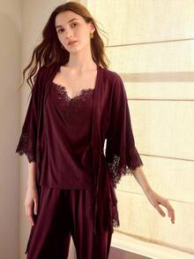 MOTF PREMIUM LACE TRIM PATCHWORK KNIT COMFORTABLE & ELEGANT PAJAMA SET - Burgundy - View 7