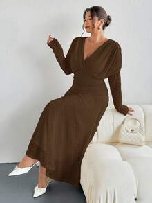 Firerie Plus Size Women Elegant Vacation Textured Fabric Ruched Long Sleeve V-Neck Elastic Waist Flared Dress, Autumn/Winter/Spring Outfits For Women - Brown - View 7