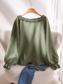 CosyJoli Plus Size Women Casual Solid Color Ruffle Hem Blouse - Green - View 2