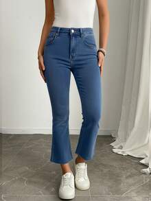 Elenzga 高腰修身口袋牛仔裤，时尚百搭，日常穿着 - 中等水洗藍 - 查看 4