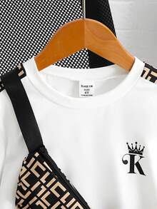 2件套男童休闲撞色短袖圆领T恤和短裤套装，含斜挎包，适合日常休闲户外活动，春夏款 - 白色 - 查看 4