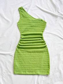 Soleia New Elegant Vacation One Shoulder Blue Non-Slip Metal Decor Design Mini Dress - Green - View 2