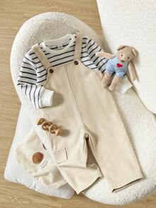 Playful Pals 2件套幼儿男童休闲卡其色背带裤和条纹圆领长袖上衣套装，适合秋冬季节、户外、日常和上学穿着。 - 杏色 - 查看 4