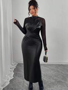 Elenzga 大码女式天鹅绒拼接网纱紧身连衣裙，3D立体塑形性感优雅鸡尾酒会通勤连衣裙，黑色 - 黑色 - 查看 4