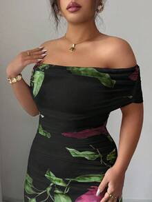 Modelyn 大码女式网纱印花露肩荷叶边连衣裙，优雅晚宴礼服 - 黑色 - 查看 7