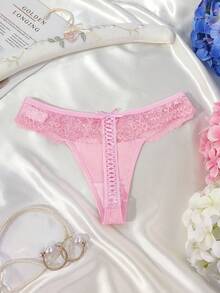 Women's Sexy Lace Patchwork Thong Panties - Pink - View 2