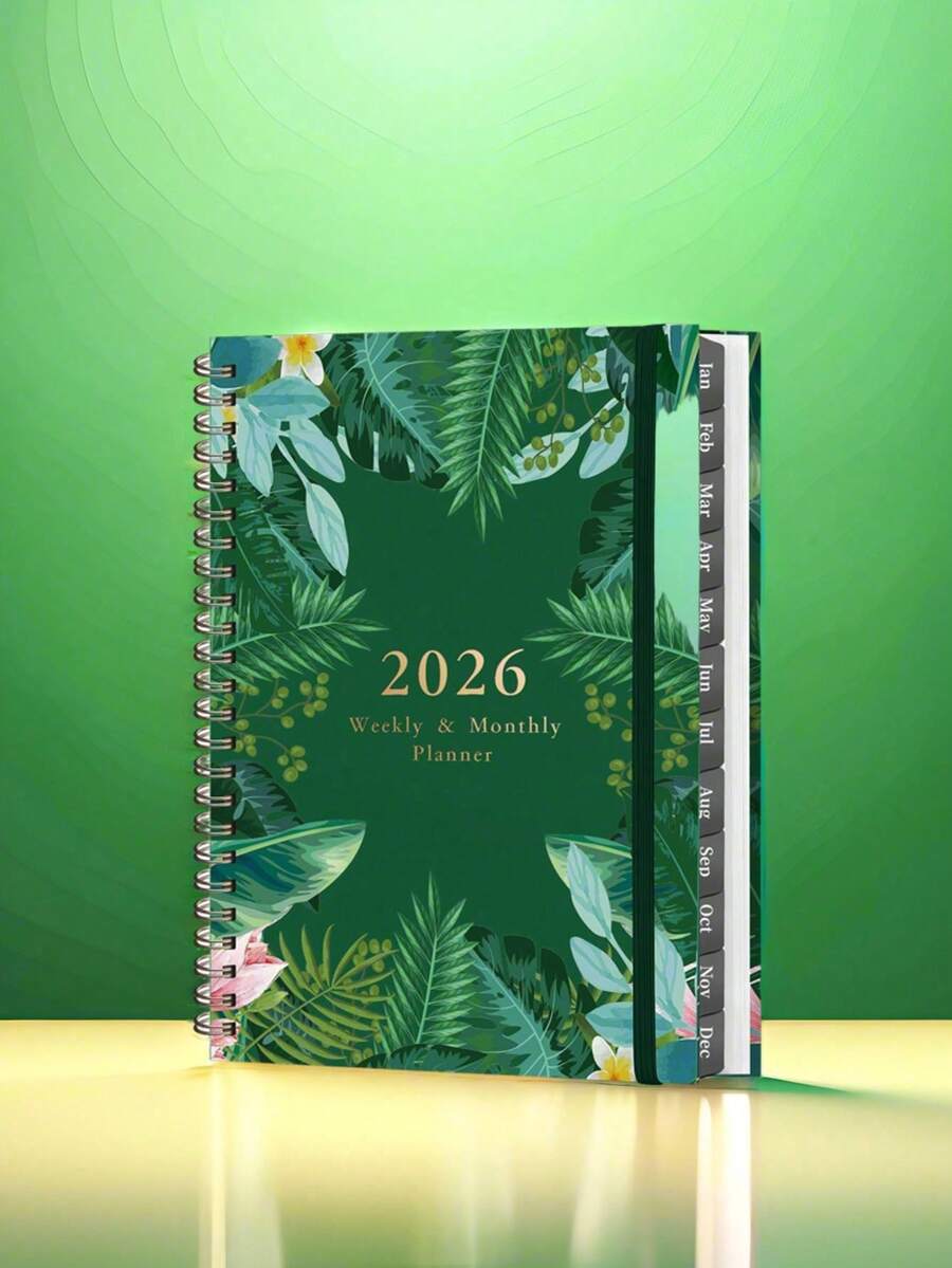 1 本 A5 2026 年涂层纸计划本 – 双线圈装订,带内袋和松紧带。包含月度索引、年度日历、节假日安排和通讯录 – 适用于办公室、家庭、学校和户外使用的多功能高效记事本。 - 彩色 - 查看 1