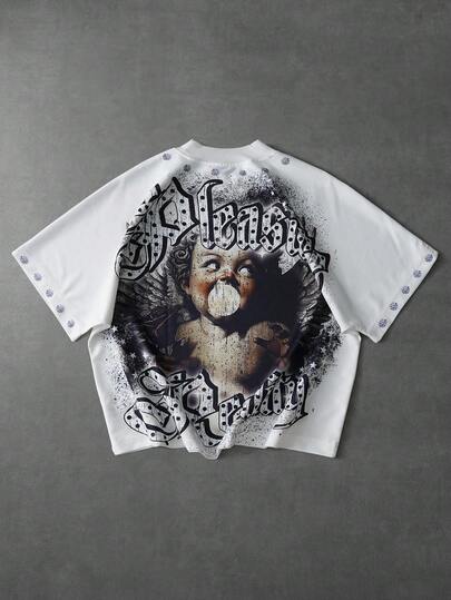  Men's Young Batwing Sleeve Digital Rhinestone Angel Stand Collar T-Shirt,PAVTROS,Valentine's Day,I Love My Boyfriend,Vintage,Streetwear,Festival,Men's Streetwear Style Short-Sleeved T-Shirt With A Winged Angel Print And Chewing Gum Design. A Perfect Gift For Your Boyfriend.