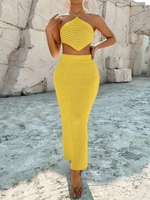Breezaya 女士休闲度假纯色吊带上衣和半身裙套装 黄色中长连衣裙 黄色紧身连衣裙 镂空连衣裙 紧身夏季连衣裙 黄色性感连衣裙 - 黃色 - 查看 3