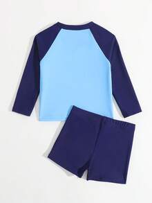 2件套幼儿男童长袖泳衣上衣和短裤泳装套装 - 藏蓝色 - 查看 3