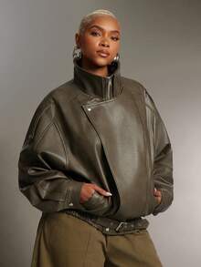 Denimoi 女士休闲时尚街头风高领落肩宽松拉链搭扣弹力下摆PU皮夹克，秋冬款 - 灰色 - 查看 7