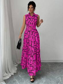 Elenzga New V-Neck Graphic Print Button Sleeveless Tie Waist Slim Fit Dress For Women - Hot Pink - View 4