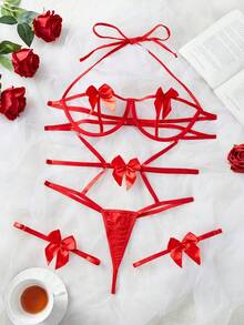 SHEIN 三件套蝴蝶結性感內衣套裝 - 紅色 - 查看 1