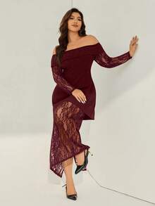 Auralis Plus Size Off Shoulder Solid Color Lace Patchwork Dress - Burgundy - View 5