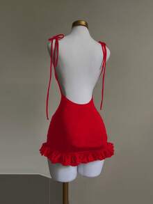 Franclia Petite Váy ngắn nữ hở lưng buộc bèo nhún gợi cảm ôm sát - Đỏ - Xem 3