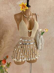 SHEIN X Scot Louie Soleia Váy ngắn hở vai đan móc, trang trí sequin, váy dự tiệc tối bãi biển phong cách nàng tiên cá, gợi cảm & hẹn hò - Màu Khaki - Xem 5