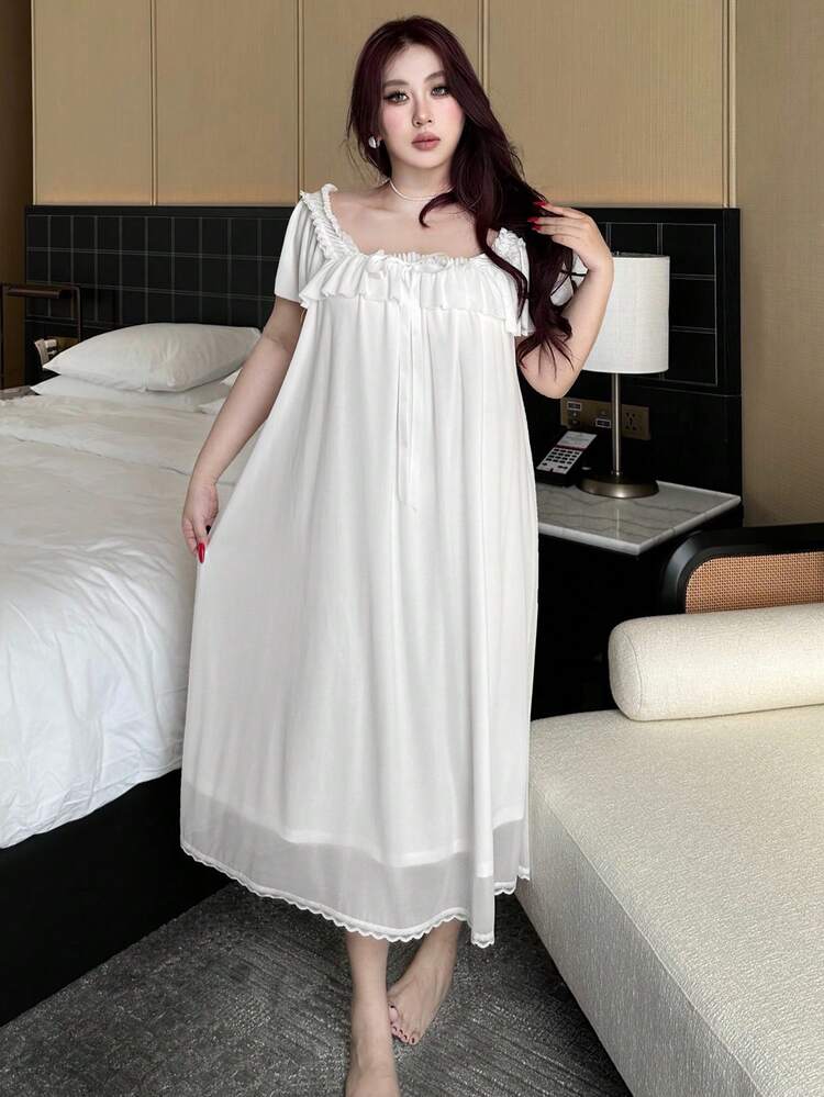 Dazy Plus Plus Size Women's Loose Sexy Chiffon & Contrast Lace Nightgown, Spring/Summer