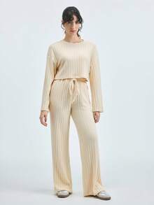 Loungeista 2件套女士春秋冬休闲罗纹长袖上衣和裤子睡衣套装，时尚家居服套装，可外出穿着，舒适保暖，秋季服装 - 杏色 - 查看 3