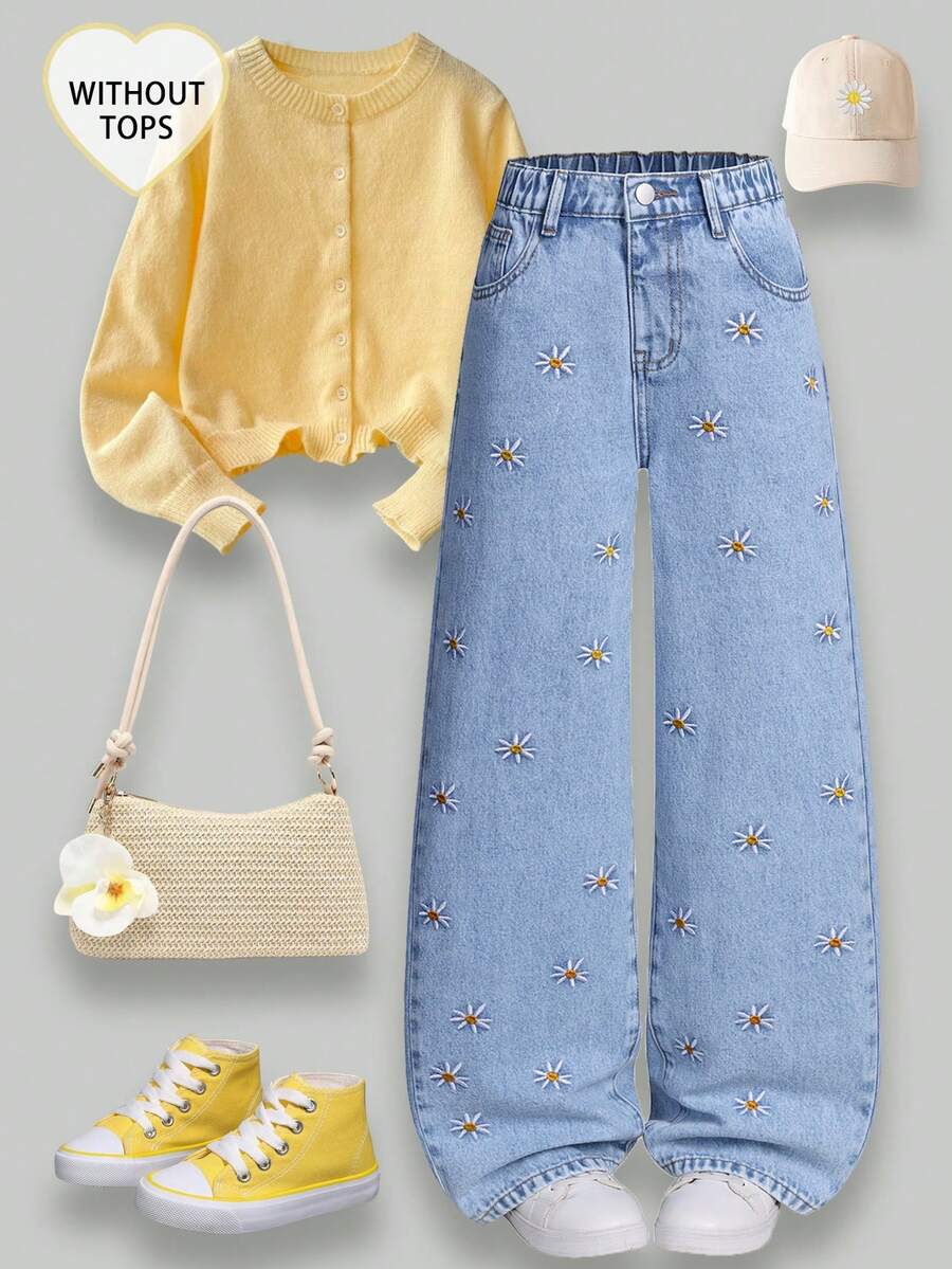 SHEIN ChillGRL 少女时尚刺绣阔腿水洗牛仔裤，春夏秋冬牛仔女童向日葵夏季牛仔裤校园Y2K少女90年代儿童女孩90年代少女Y2K印花花朵牛仔裤阔腿牛仔裤女孩宽松牛仔裤青少年女孩牛仔裤刺绣Y2K牛仔裤女孩 - 藍色 - 查看 1