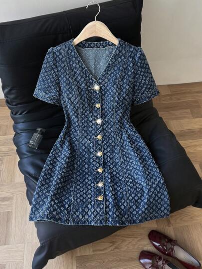 Comfortcana Váy denim cổ chữ V cài một hàng khuy đơn giản thời trang dành cho nữ
