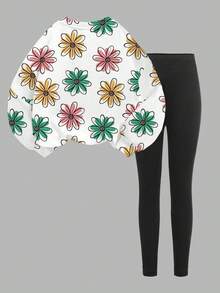 2pcs Tween Girls White Floral Print Sweatshirt And Leggings Set,Cute Back-To-School Autumn School Clothes,Sweet&Fresh Round Neck Long Sleeve Outfit - Multicolor - View 4