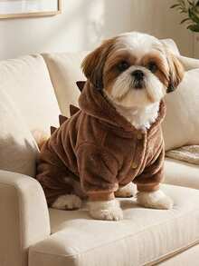PETSIN 1件宠物服装，猫狗通用款，秋冬季加厚保暖连体衣，可爱卡通造型变身服，冬季柔软舒适连帽卫衣 - 棕色 - 查看 4
