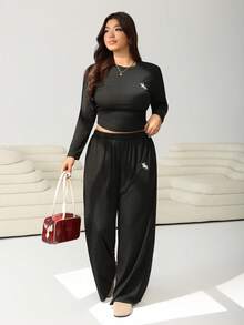 SHEIN EZwear Plus Size Casual Short Long Sleeve Top And Loose Pants 2 Pieces Set - Black - View 7