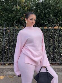 NegzBox Setelan 2 Potong Sweater Rajut Polos Kasual Wanita, Musim Gugur/Dingin - Baby Pink - View 1
