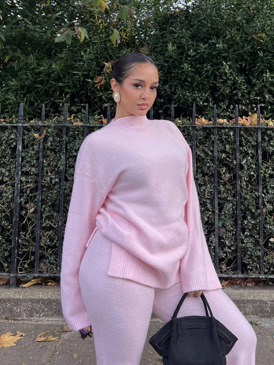 NegzBox Setelan 2 Potong Sweater Rajut Polos Kasual Wanita, Musim Gugur/Dingin - Baby Pink - View 1
