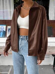 SHEIN EZwear 秋冬季落肩拉链PU短款皮夹克 - 棕色 - 查看 6