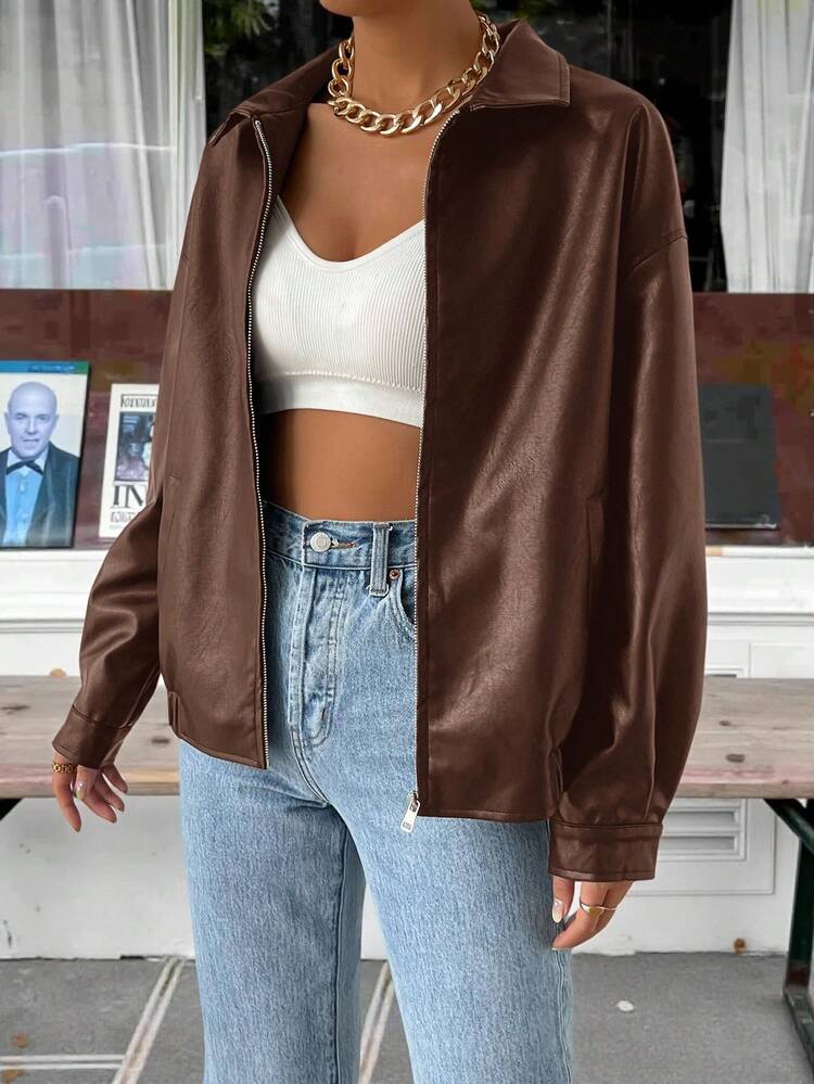 SHEIN EZwear Drop Shoulder Zip Up PU Cropped Leather Jacket In Fall/Winter - Brown - View 6