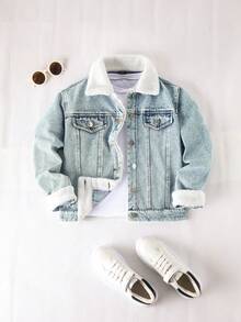 SHEIN Chaqueta vaquera azul lavada informal y holgada para niños preadolescentes, con diseño de cuello y forro térmico cómodo, versátil para otoño/invierno - Lavado ligero - Ver 3