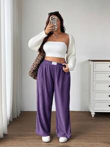 SHEIN EZwear 大码女式高腰宽松阔腿裤，抓绒面料，带口袋和贴布设计，适合校园、日常穿着、室内工作、秋冬季节，紫丁香色 - 紫丁香色 - 查看 5
