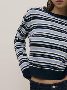 Nöista Striped Knit Long-Sleeve Top With Crew Neck And Ribbed Trims. Soft And Lightweight, Perfect For Smart-Casual Outfits, Weekend Wear And Cozy Spring Looks. - Navy Blue - View 7