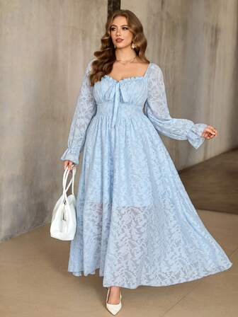 Roveilla 优雅蕾丝镂空纹理面料连衣裙，新款时尚方领蝴蝶结前襟荷叶袖长款连衣裙，正式派对晚礼服，奢华法式度假公主裙