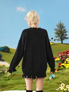 Teletubbies X ROMWE Y2K Cute Graphic Embroidered Pullover Sweater For Women - Black - View 3