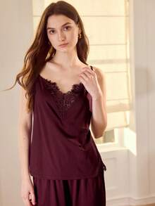 MOTF PREMIUM LACE TRIM PATCHWORK KNIT COMFORTABLE & ELEGANT PAJAMA SET - Burgundy - View 4
