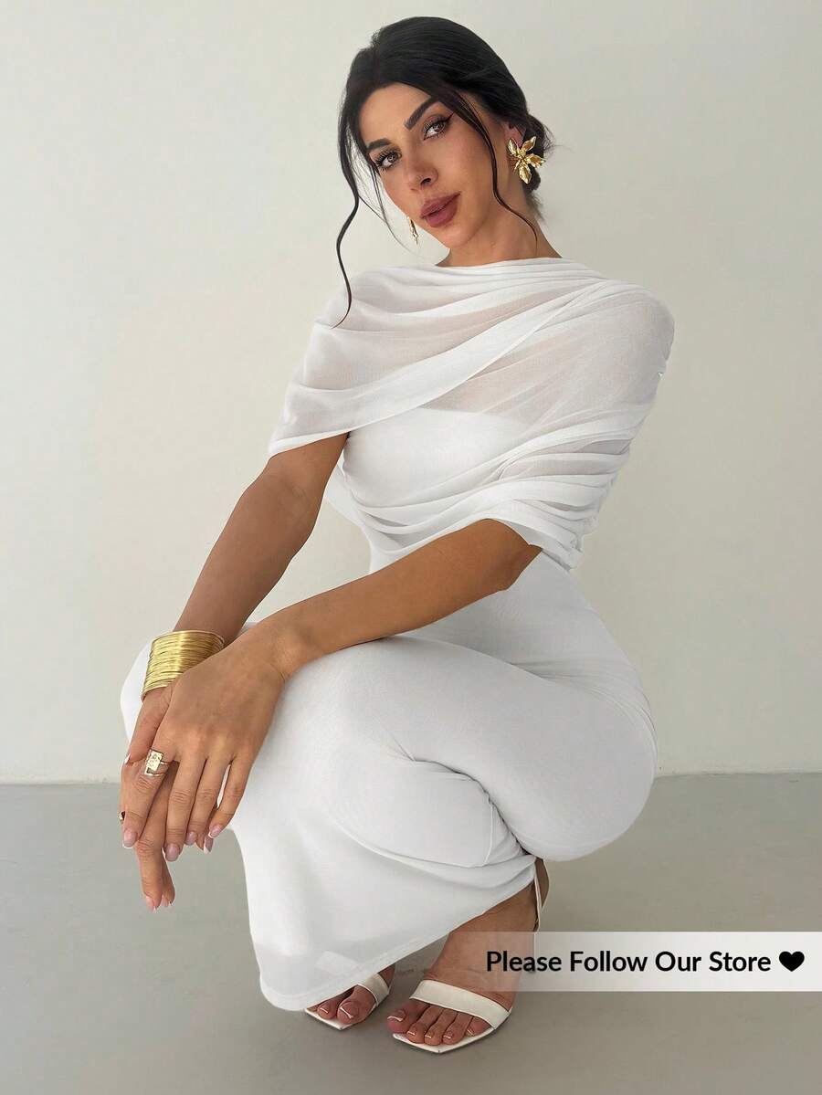 Firerie 优雅浪漫约会黄色纯色荷叶边领不对称褶裥修身连衣裙，适合海滩、机场、度假、教师等场合。 - 白色 - 查看 1