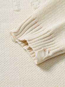 Manfinity EMRG 男士休闲宽松字母破洞圆领长袖毛衣，秋冬款 - 杏色 - 查看 3