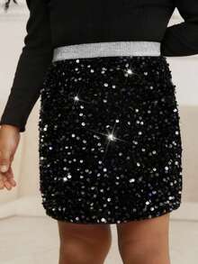 SHEIN Holiday Party Outing Gathering Christmas Sequin Bodycon Mini Skirt, Party Dress, Silver Waistband Skirt, Girl Sequin Skirt, Black Sequin Skirt, Girls Skirt, Girls Sparkle Skirt - Black - View 2