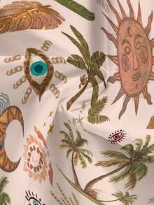 ROMWE Fairycore 复古度假风椰树、眼睛、太阳和月亮印花高开衩女装裙 - 棕色 - 查看 4