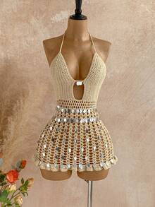 SHEIN X Scot Louie Soleia Váy ngắn hở vai đan móc, trang trí sequin, váy dự tiệc tối bãi biển phong cách nàng tiên cá, gợi cảm & hẹn hò - Màu Khaki - Xem 3