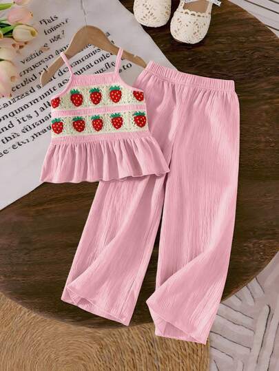 Elladie kids Young Girl Casual Fashion Vacation Spaghetti Strap Sleeveless Cropped Crochet Lace Trim Strawberry Top And Elastic Waist Loose Textured Fabric Pants Set
