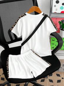 2件套男童休闲撞色短袖圆领T恤和短裤套装，含斜挎包，适合日常休闲户外活动，春夏款 - 白色 - 查看 2