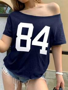 Sparklyn Teen Girl Casual Numeric Print Short Sleeve T-Shirt, Summer Summer Holiday - Blue - View 1