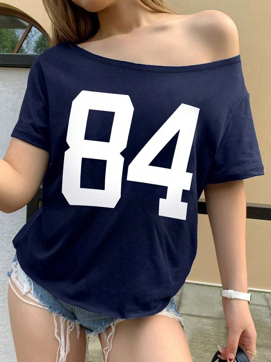 Sparklyn Teen Girl Casual Numeric Print Short Sleeve T-Shirt, Summer Summer Holiday - Blue - View 1