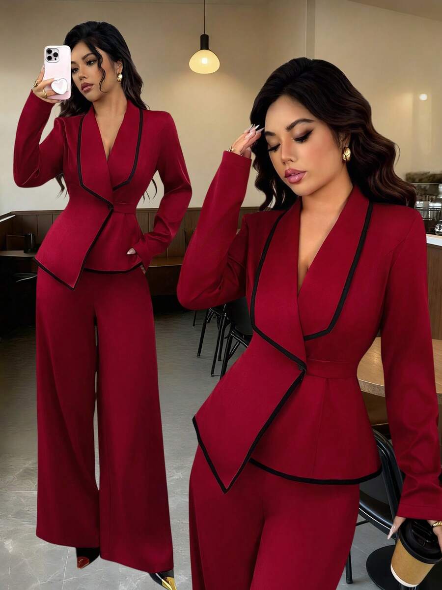 SHEIN Tall 两件套女士时尚撞色修身外套+纯色裤子套装 - 紅色 - 查看 1
