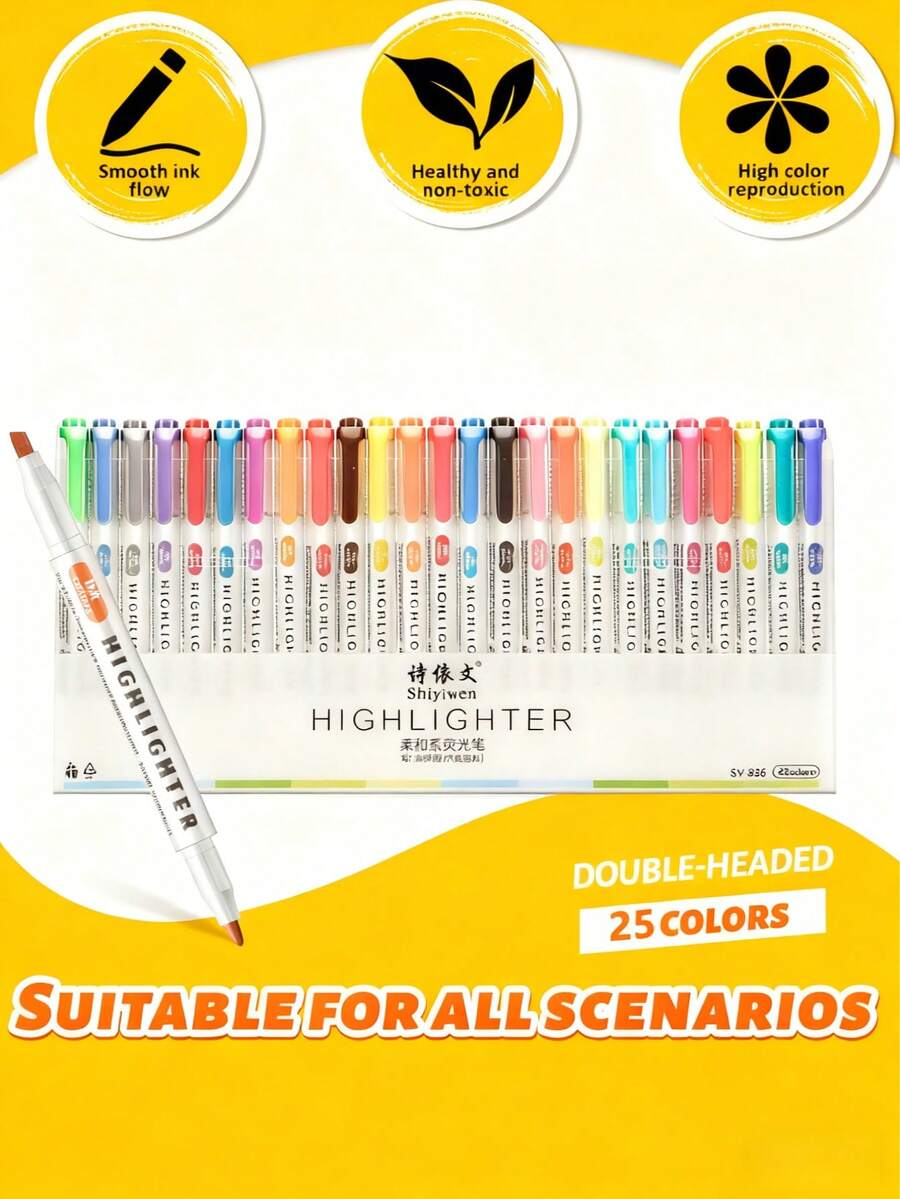 25支装双头荧光笔复古马克笔马卡龙色马克笔浅色学生记账笔返校季 - 彩色 - 查看 1