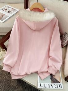 Glimmora Áo nỉ có mũ trùm đầu bằng lông giả màu hồng có khóa kéo đính tua rua cho nữ, áo khoác mùa đông dễ thương - Hồng - Xem 2