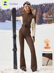 OutZeal Women Winter Thermal Outdoor Jumpsuit Christmas Outfit Skiing Daily Soft Brushed Lined With Front Zip Pocket - Brown - View 1